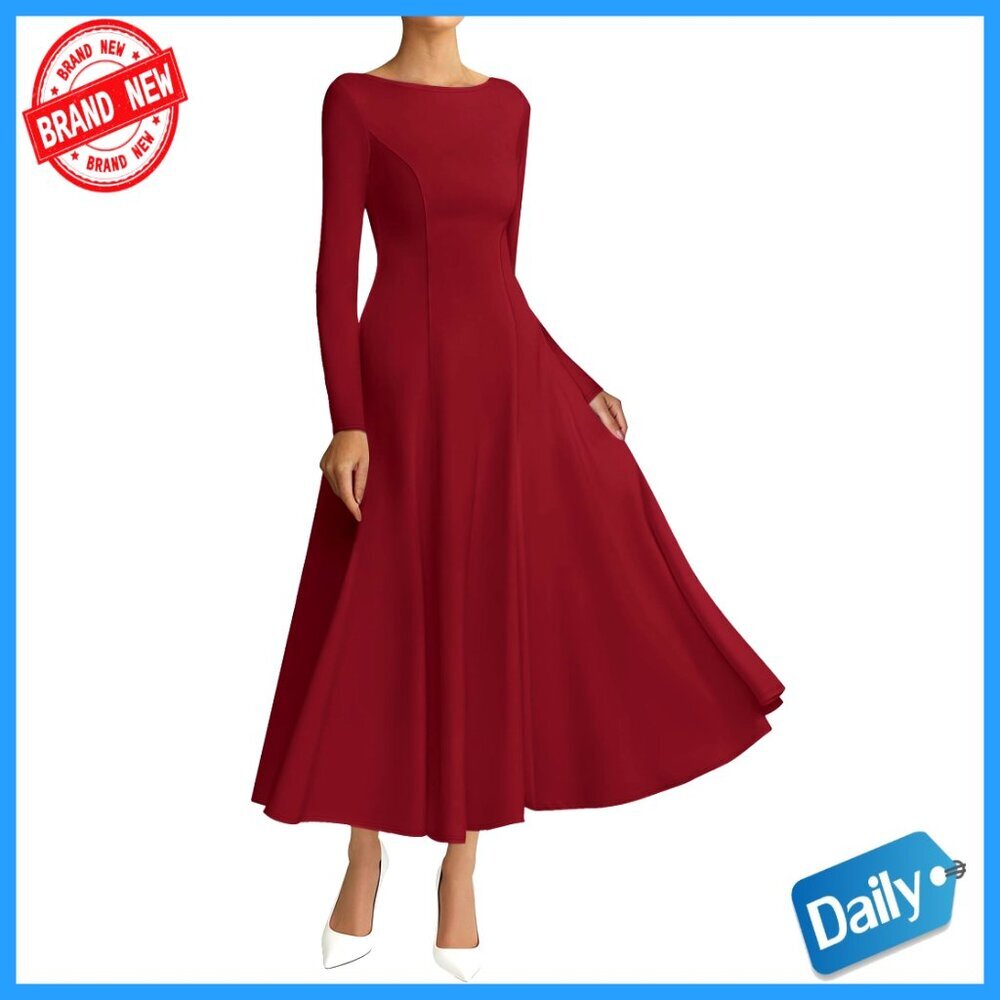 Elegant A-Line Maxi Dress Boat Neck Long Sleeve Flowy Knit Casual Party Wear
